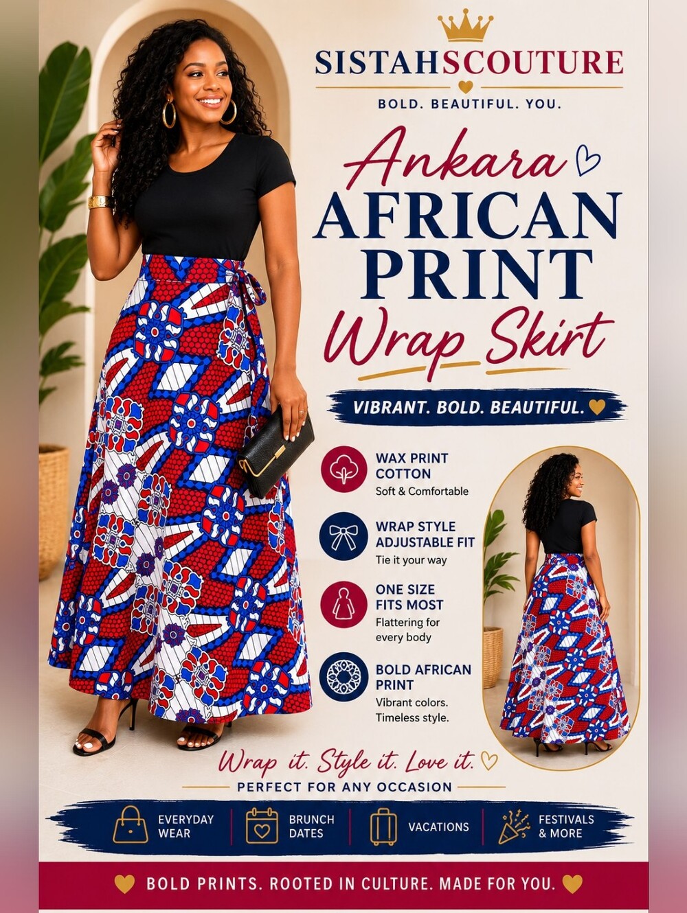 Ankara African Print Geometric Wrap Skirt | Wax Print Cotton | Free Size | Boho